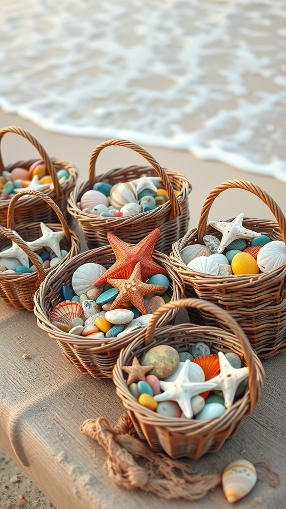 Decorative baskets filled with colorful shells and stones on a beach