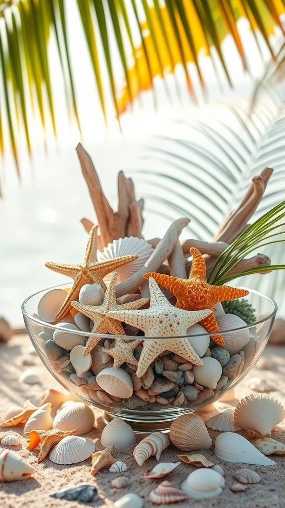 A decorative bowl filled with starfish, seashells, and driftwood on a sandy surface.