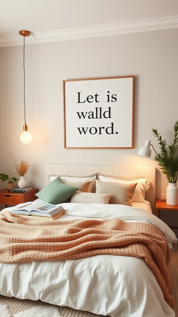 A cozy bedroom featuring a large wall art piece with the words 'Let is walld word' in bold text, complemented by sage green and cream colors.