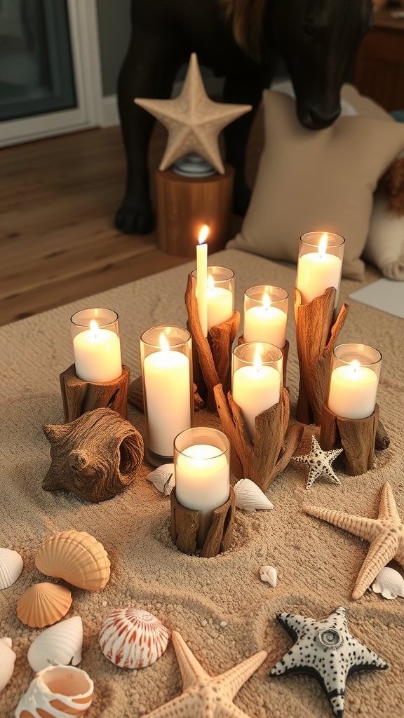 A rustic arrangement of driftwood candle holders with candles surrounded by seashells and starfish, creating a beach-themed centerpiece.