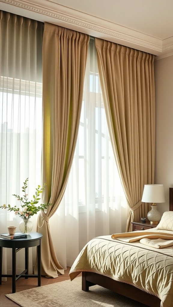 A beautifully styled bedroom with soft cream and sage green draperies.