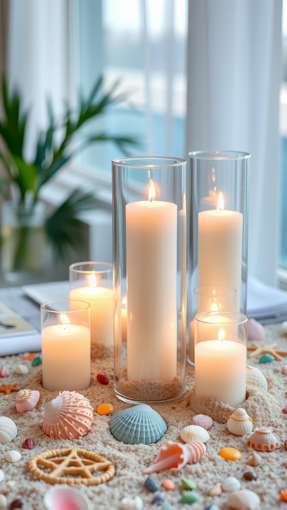 Elevated floating candles in glass holders surrounded by sand and seashells, creating a beach-themed centerpiece.