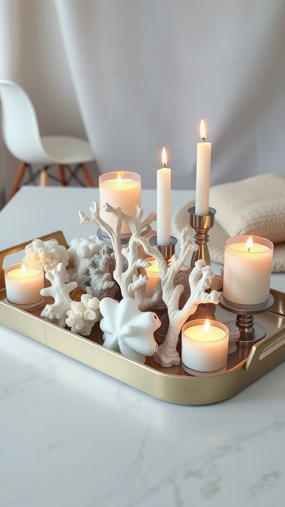 A tray with faux coral pieces and lit candles arranged for a beach-themed centerpiece.