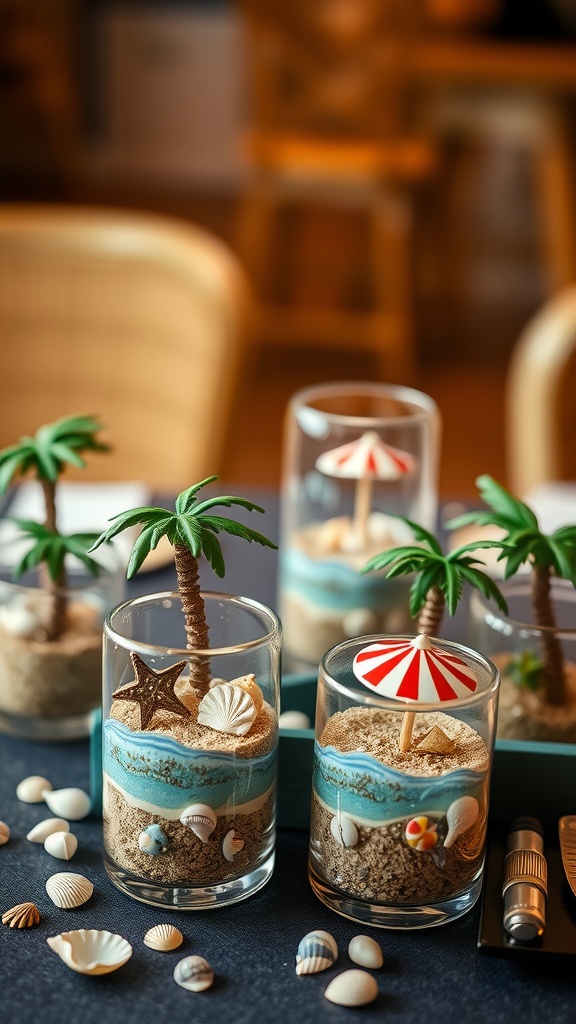 Glass terrariums showcasing miniature beach scenes with palm trees, sand, and seashells