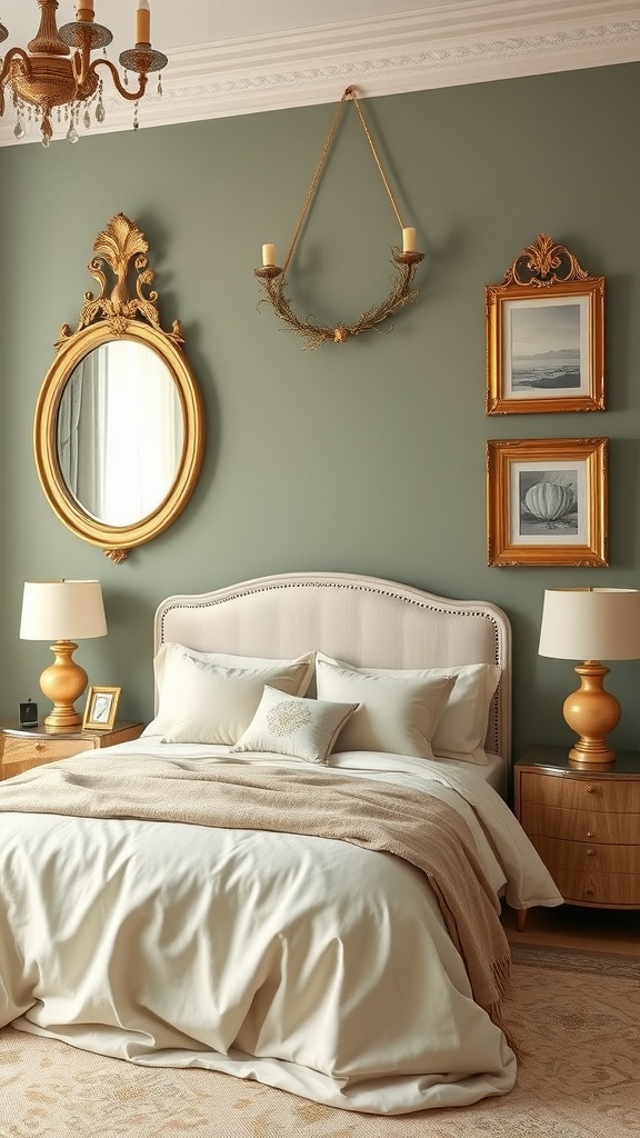 Elegant sage green and cream bedroom with gold accents including mirrors, lamps, and picture frames.