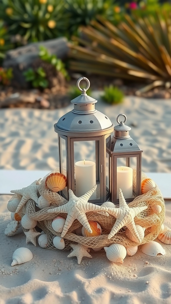 Lanterns decorated with fishnet, shells, and starfish on a sandy surface