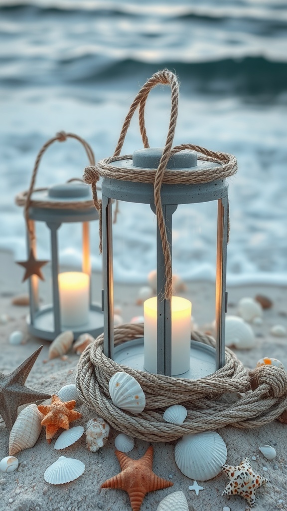 Two lanterns wrapped with nautical rope placed on sand near the ocean, surrounded by seashells and starfish.