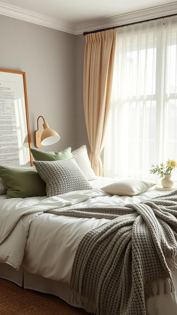 A cozy bedroom featuring a bed with linen and knit textures, accented with sage green and cream colors.