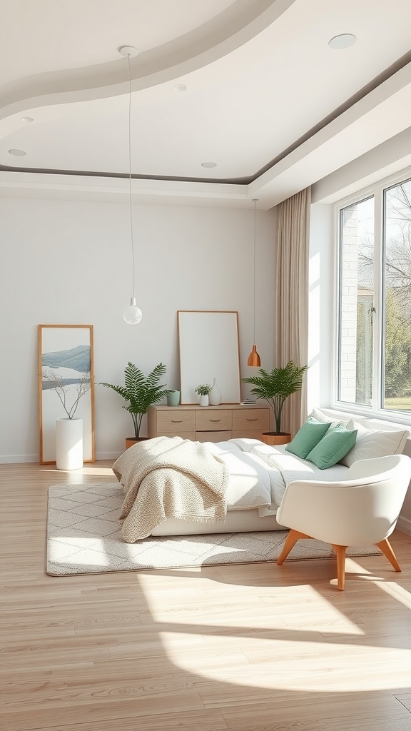 Minimalist bedroom with sage green and cream decor, featuring clean lines and soft textures.