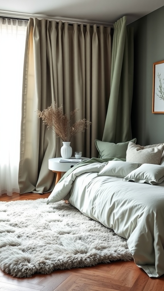 A cozy bedroom featuring various shades of sage green and cream highlights, with plush bedding and soft curtains.
