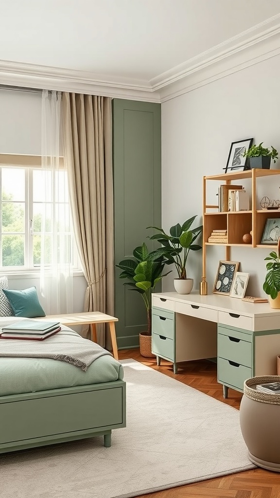 A cozy bedroom featuring sage green and cream furniture with a bed, desk, and plants.