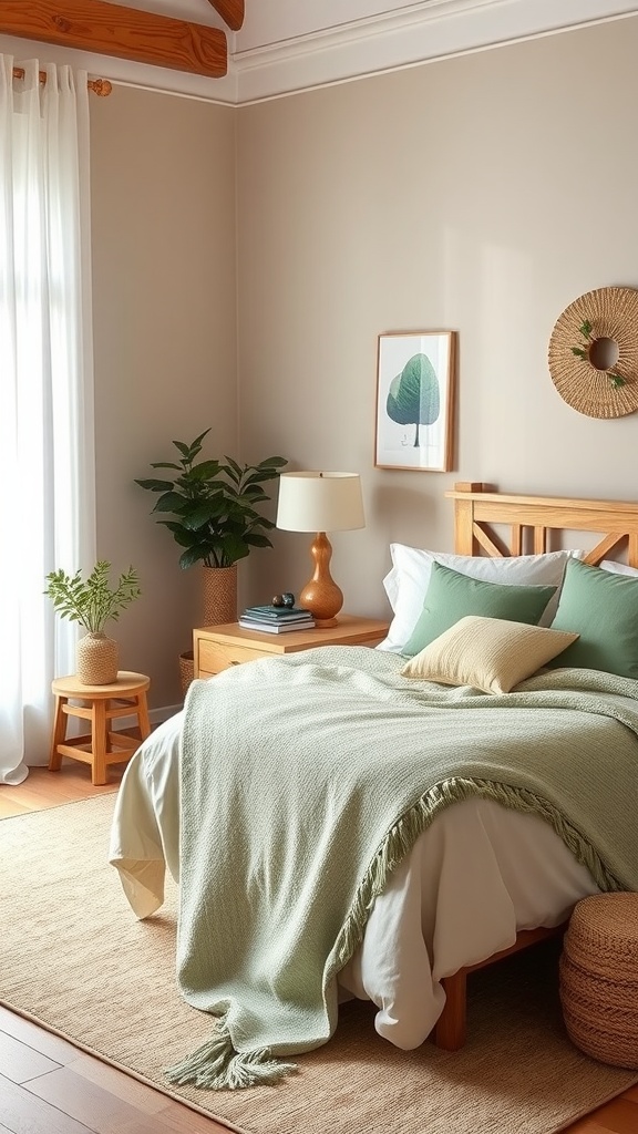 A sage green and cream bedroom featuring natural wood furniture.