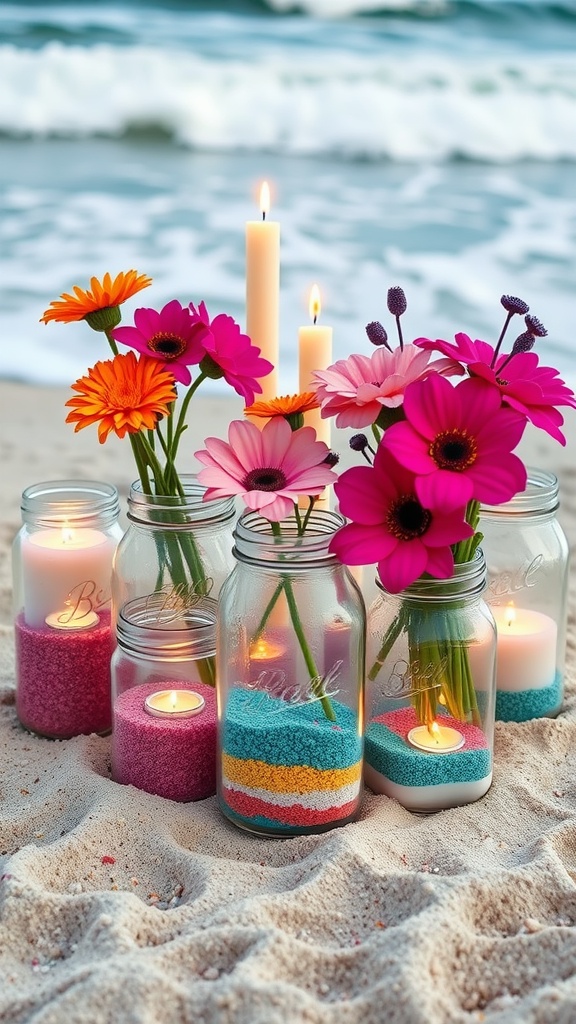 Colorful painted mason jars filled with sand, candles, and flowers arranged on a sandy beach.