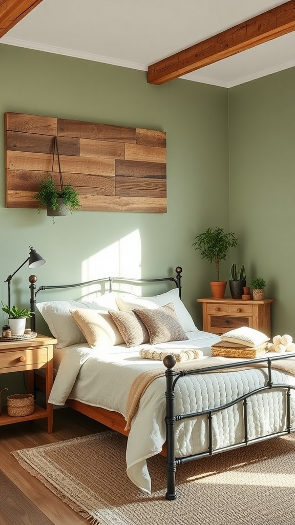 A rustic bedroom featuring sage green walls, reclaimed wood decor, and soft cream linens.