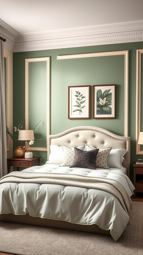 A cozy bedroom featuring a sage green accent wall, cream trim, and elegant decor.