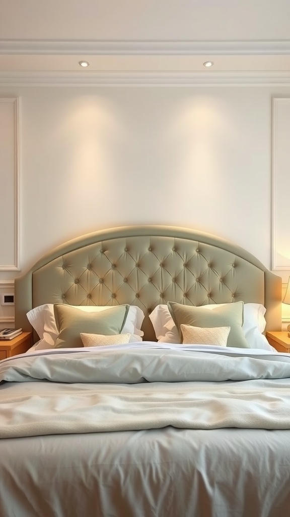 Sage green upholstered headboard with cream bedding and pillows