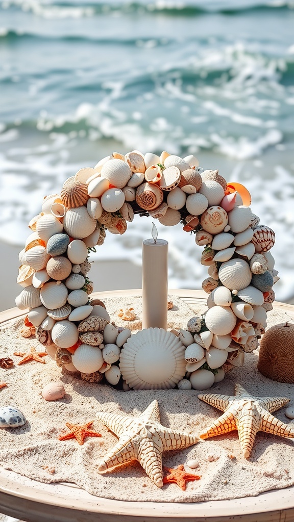 A seashell-adorned wreath with a central candle on a sandy surface, with starfish around it and ocean waves in the background.