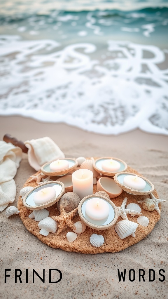 A beach-themed centerpiece featuring small mirrors, candles, and seashells on a sandy surface.