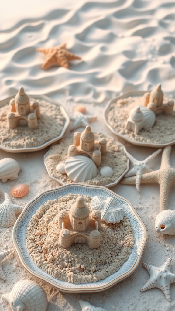 Small sandcastles placed on decorative trays with seashells and starfish