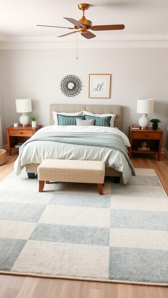 A cozy bedroom featuring a statement rug with sage green and cream colors.