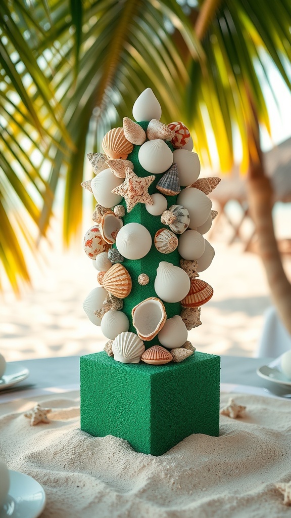 A green foam topiary decorated with various seashells, set on a table by the beach.