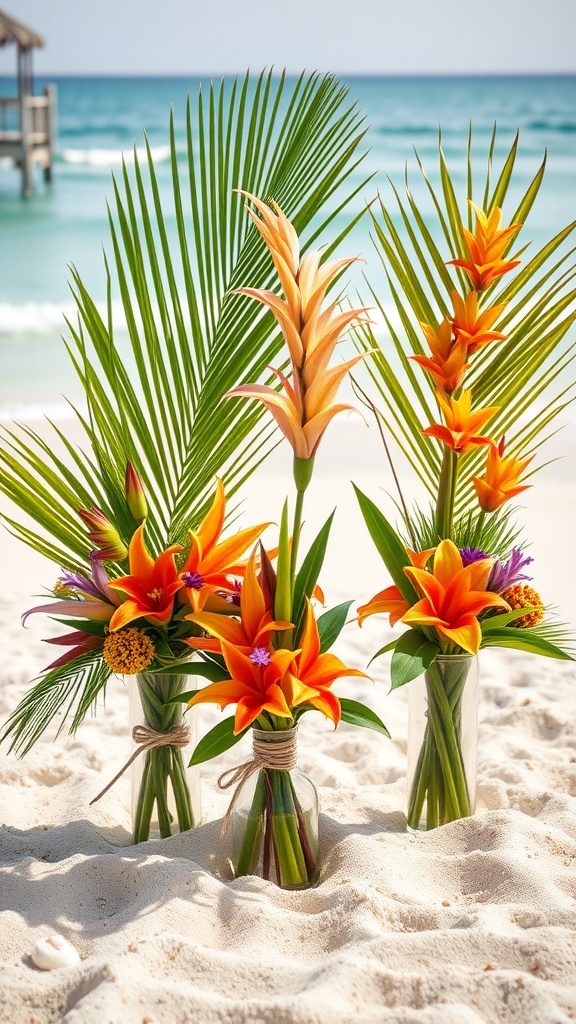 Vases with tropical flowers and palm leaves on sandy beach