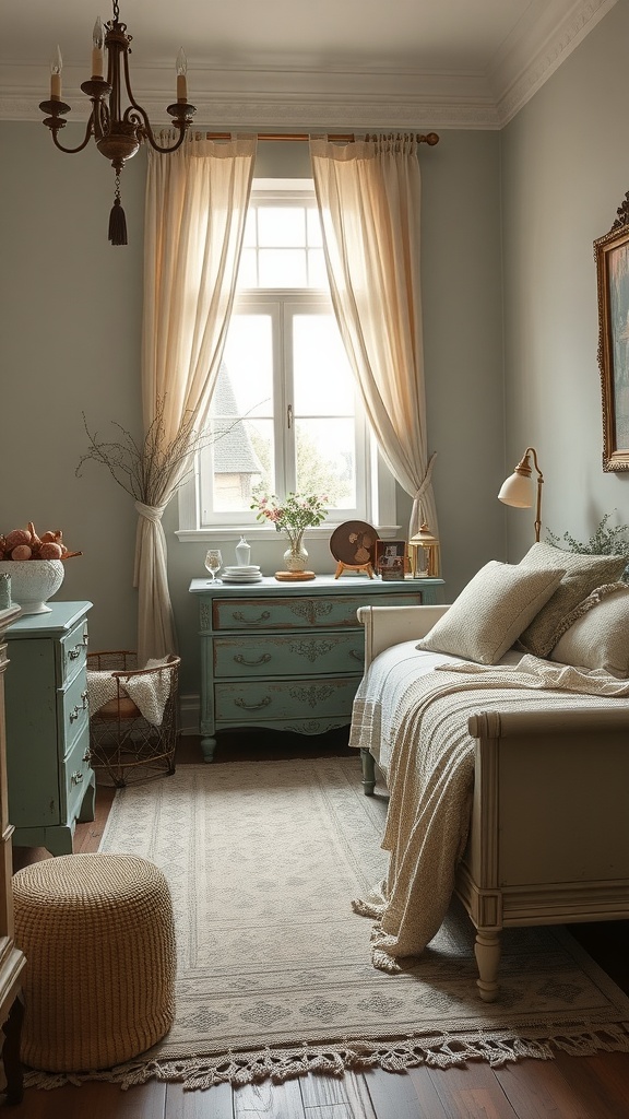 A vintage-inspired bedroom featuring sage green walls, distressed furniture, and antique decor.