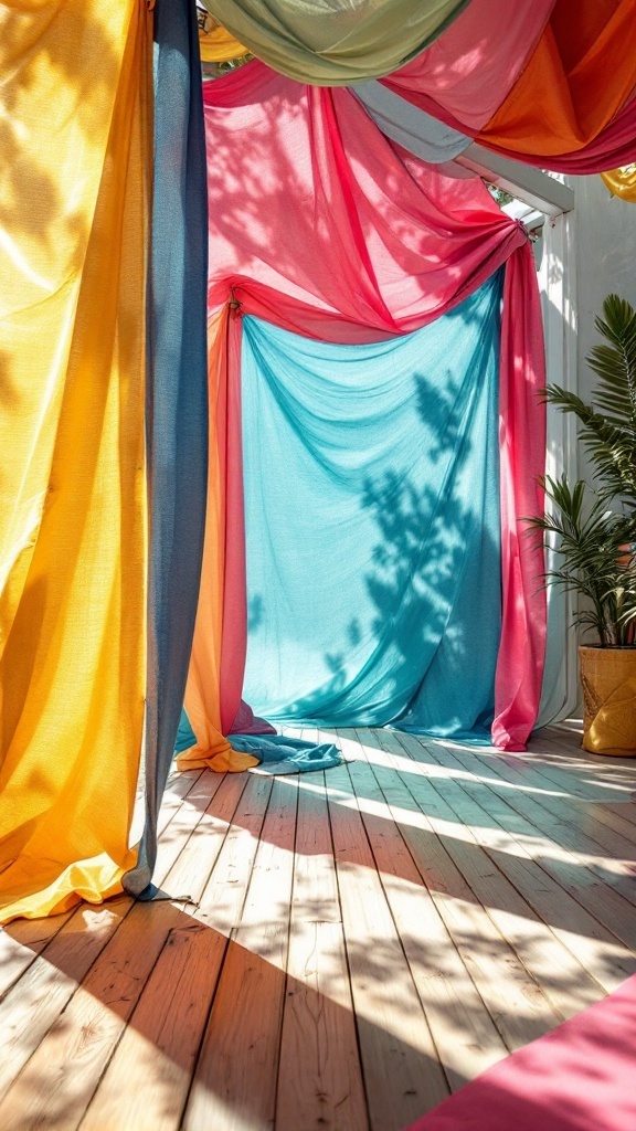 Colorful fabric panels draped under a deck creating a cozy atmosphere.