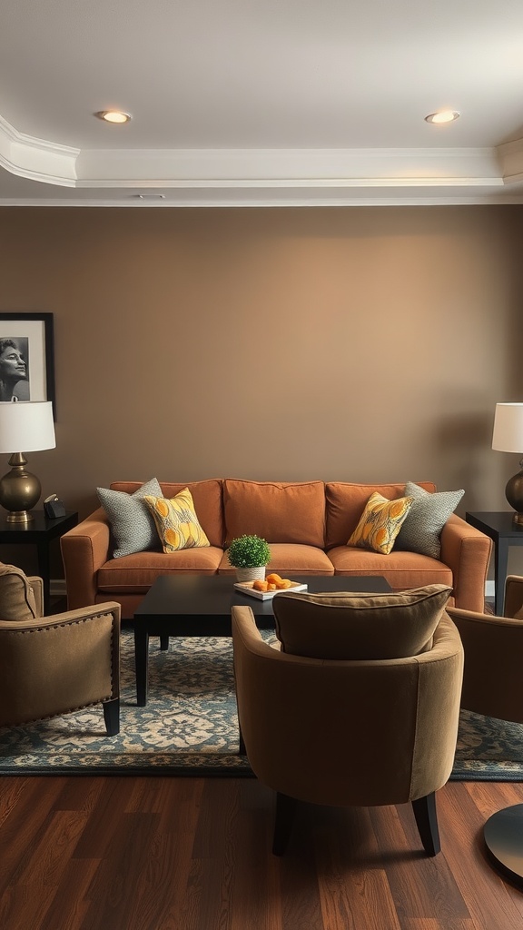 Stylish living room with a brown couch and complementary accent chairs.