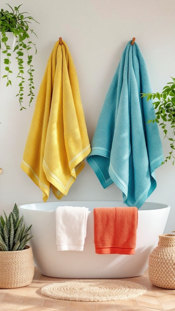 Colorful towels hanging in a bright bathroom setting.