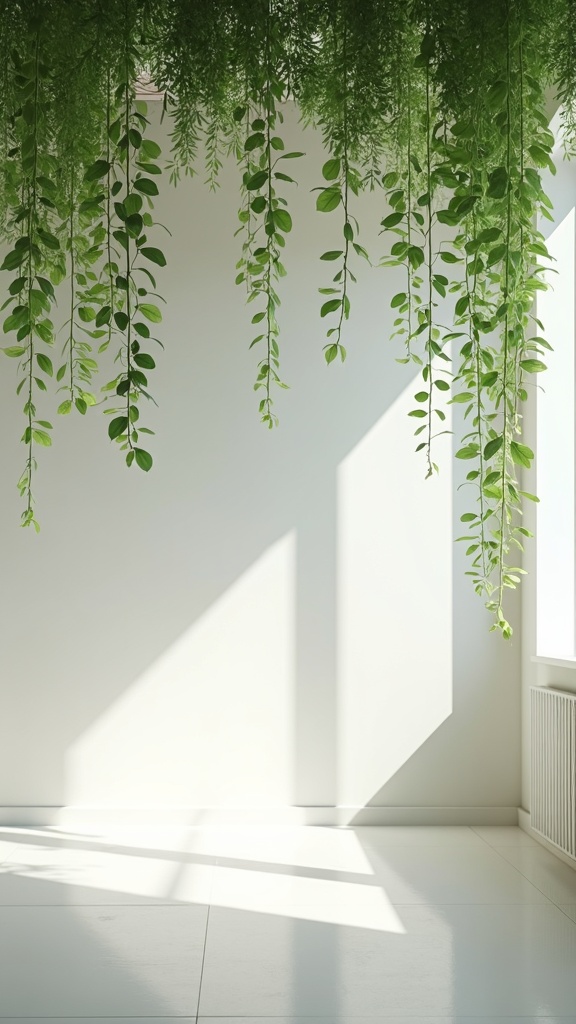 A bright room with hanging green plants against a white wall.