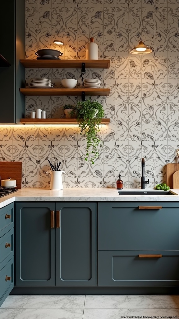 Stylish kitchen with patterned backsplash and open shelves