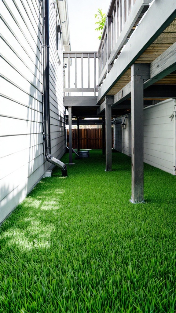Artificial grass under a wooden deck, creating a green and inviting space.