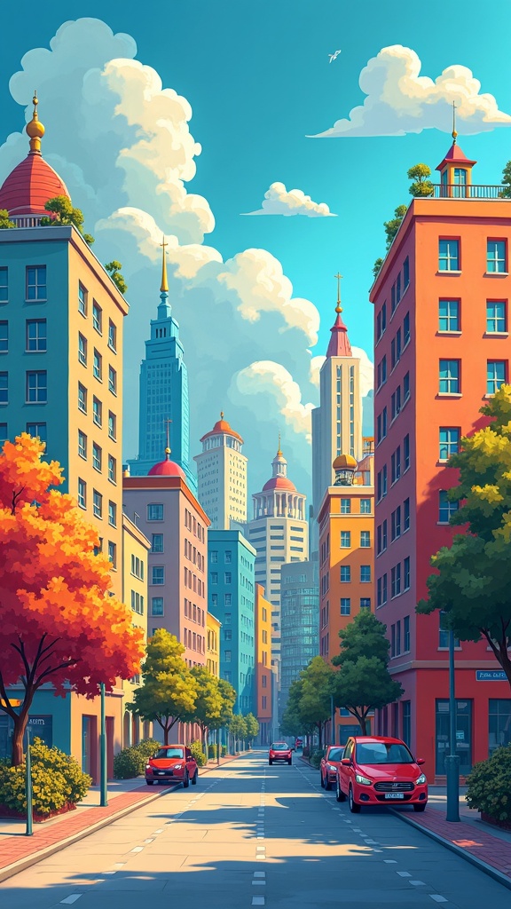 A vibrant cityscape mural featuring colorful buildings, trees, and a clear blue sky.