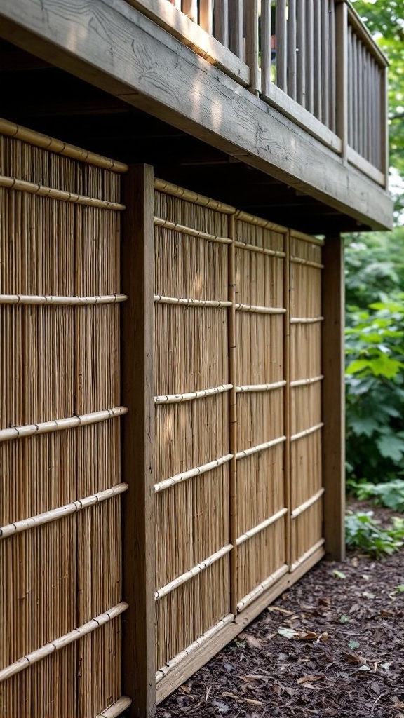 Bamboo fencing under a deck, showcasing a natural and stylish design