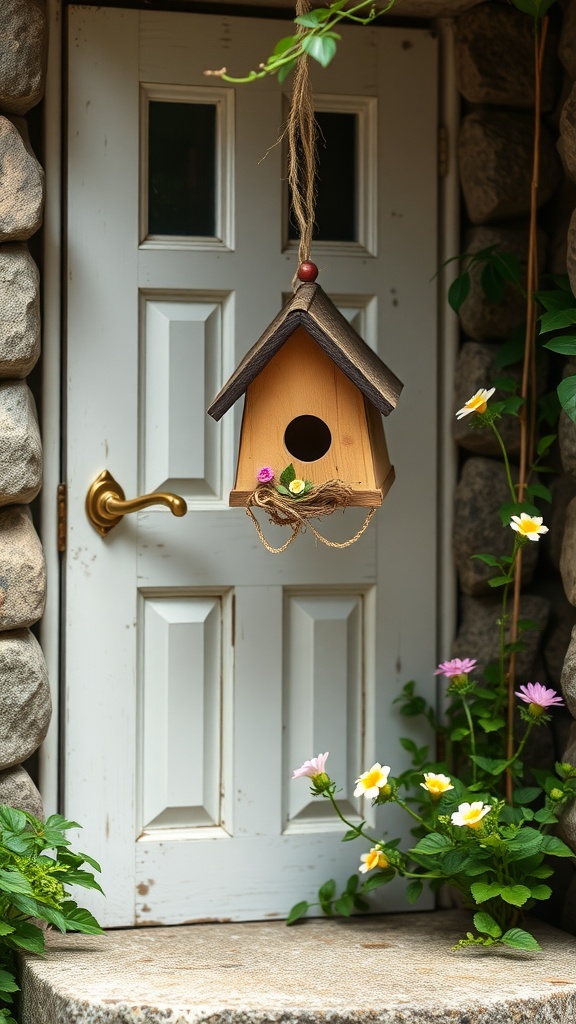 A wooden birdhouse hanging on a door, surrounded by colorful flowers.