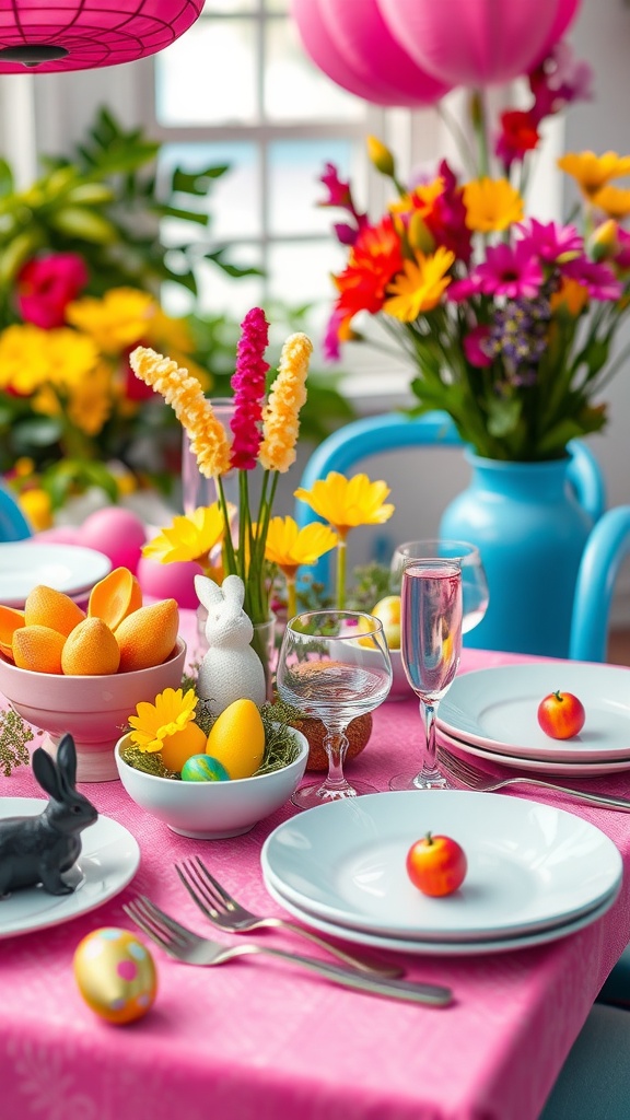 A colorful Easter tablescape featuring vibrant flowers, colorful eggs, and playful decorations.