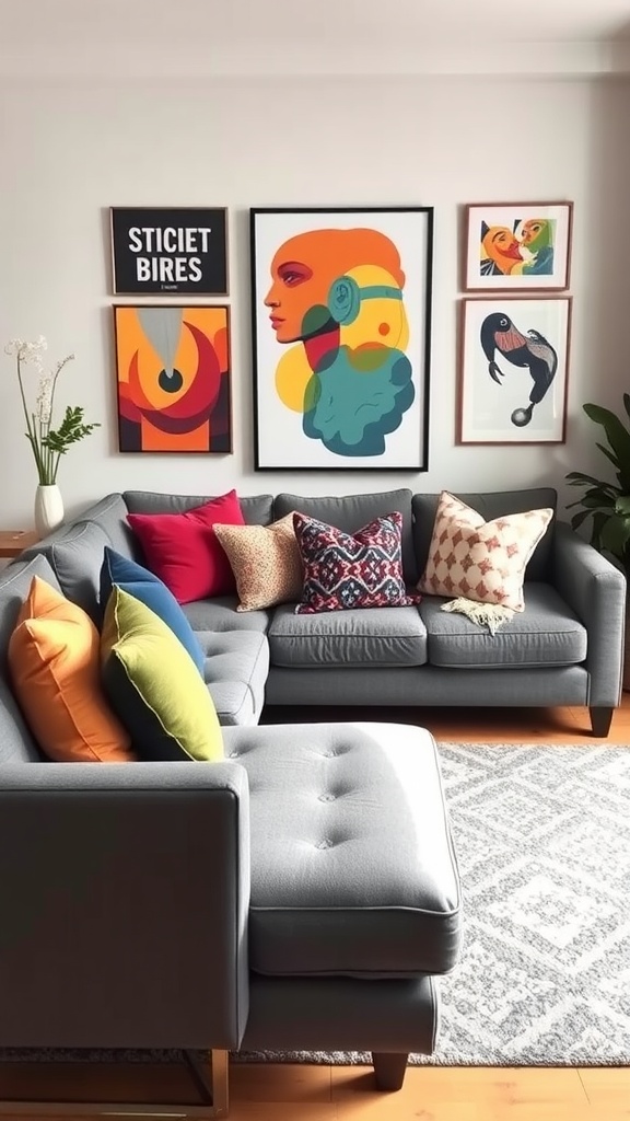 A stylish grey sofa with colorful cushions and striking wall art in a cozy living room.