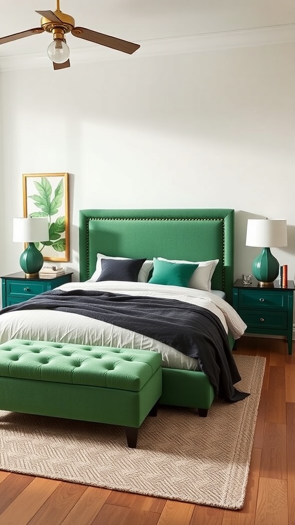 A stylish green bedroom featuring a green upholstered bed, matching bench, and decorative lamps.