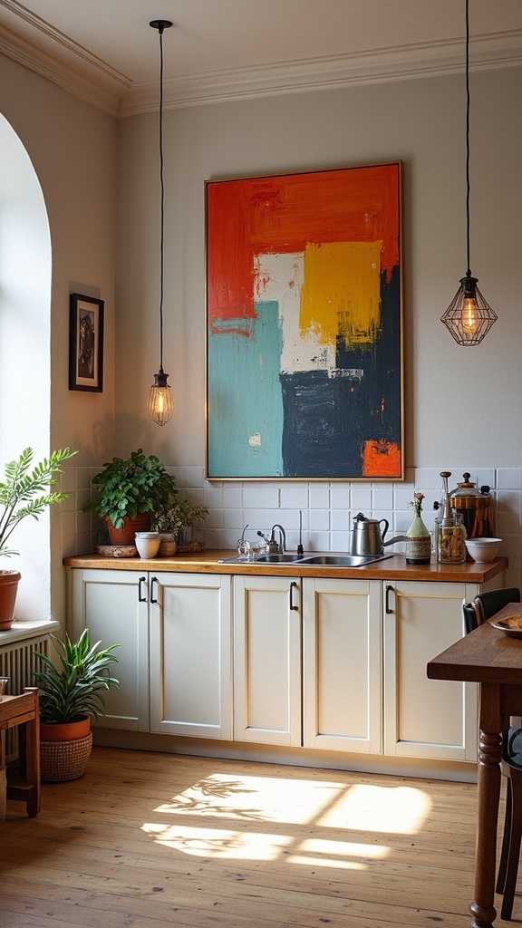 A bright and colorful abstract painting on the wall of a kitchen with plants and rustic decor.
