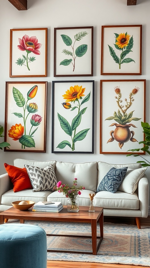 A cozy living room featuring framed botanical wall art with various flower and leaf designs.