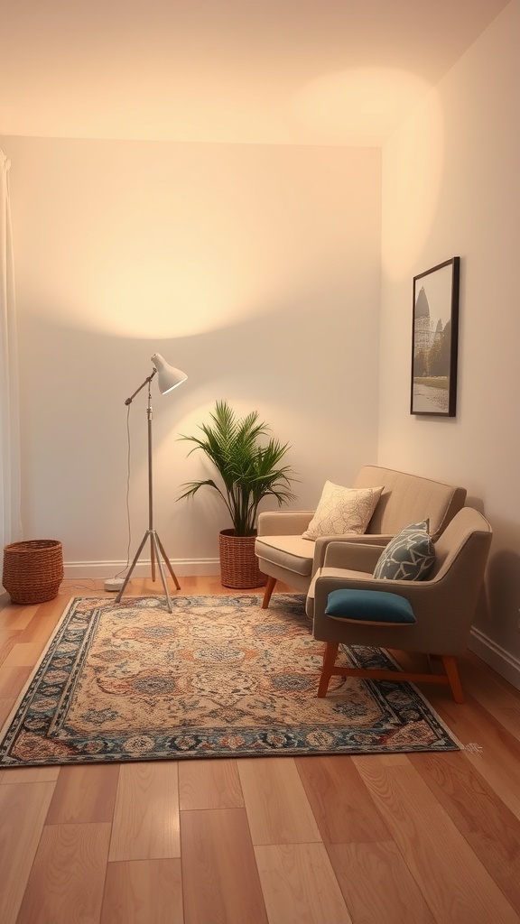 A bright corner featuring a floor lamp, a cozy rug, and a small seating area.