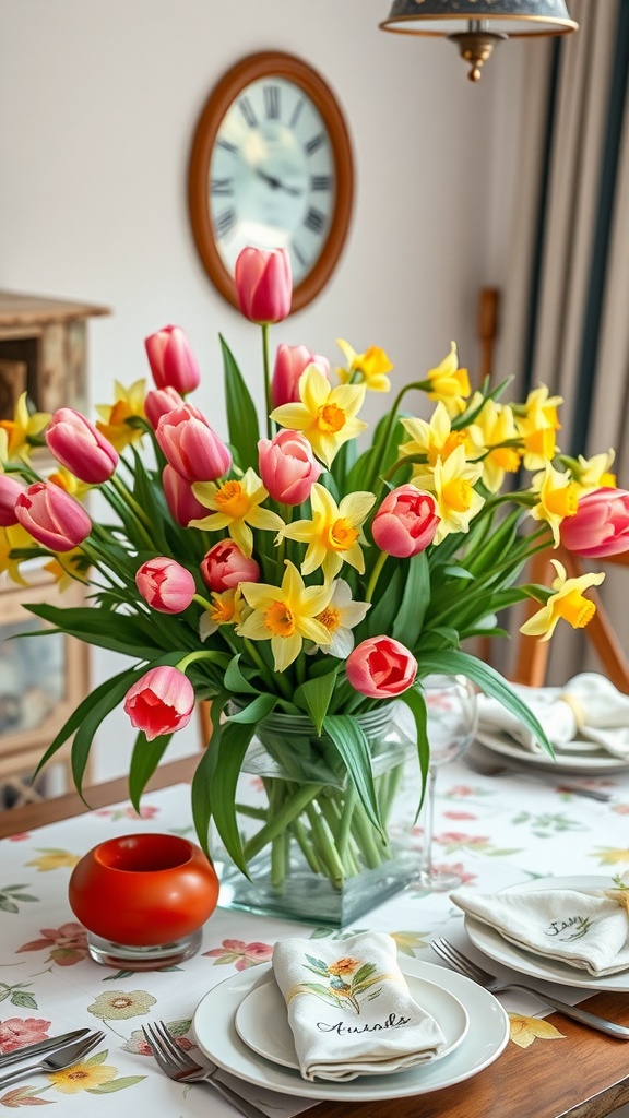 Bright floral centerpiece with tulips and daffodils on a dining table.