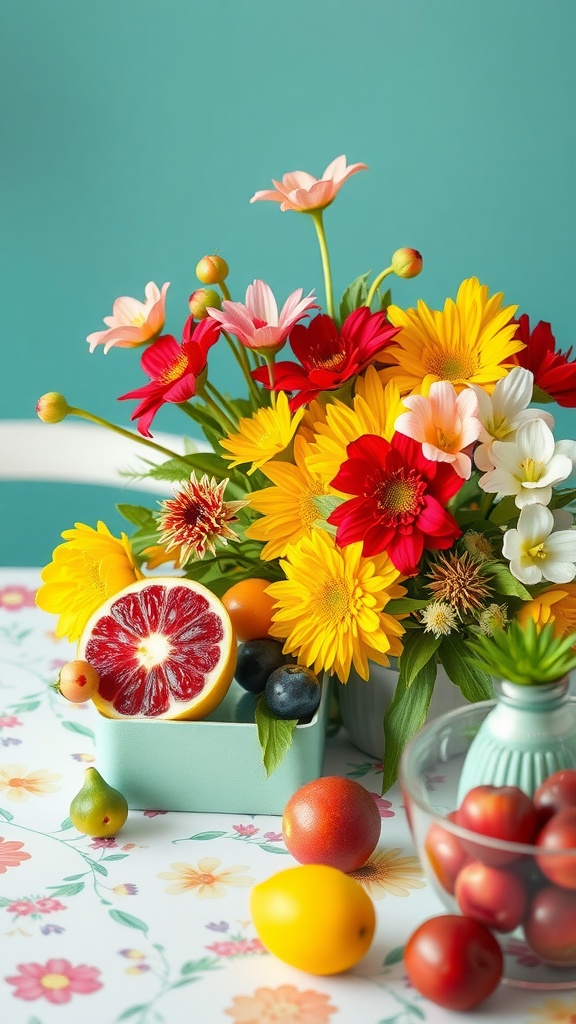 A vibrant arrangement of colorful flowers and fruits on a table.