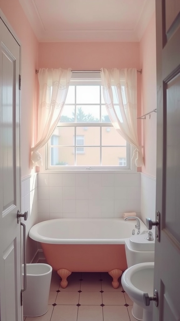 Small bathroom with pastel pink walls and a white bathtub
