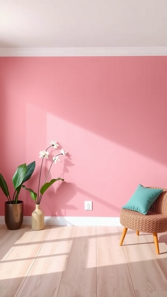 A cozy room with a pink accent wall, a potted plant, and a chair.