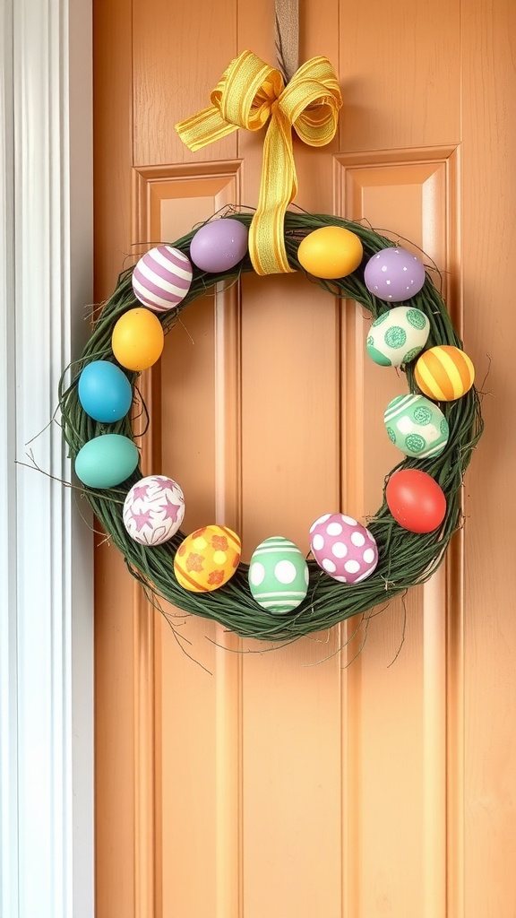 A colorful wreath made of painted Easter eggs hanging on an orange door.