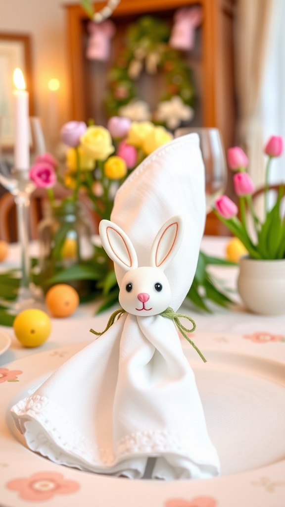 A white napkin shaped like a bunny secured with a bunny-shaped napkin ring, surrounded by colorful flowers and Easter decor.