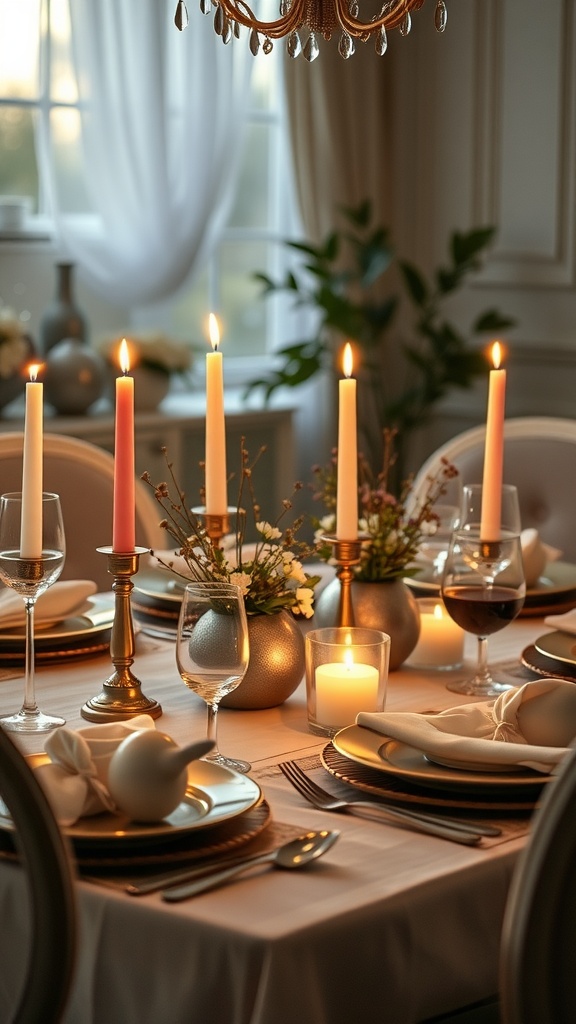 A beautifully set dining table with candles, flowers, and elegant dinnerware.