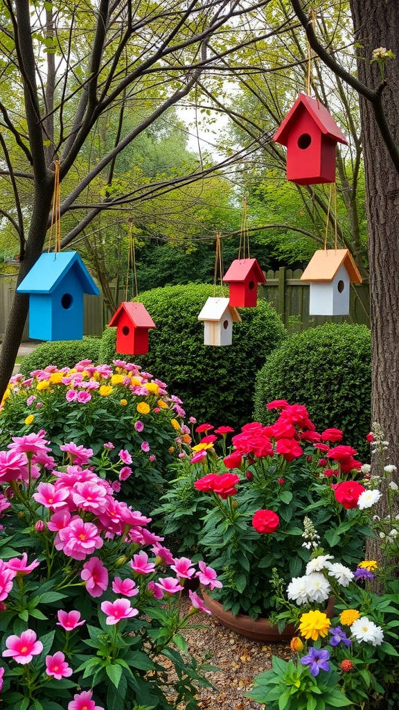 Colorful birdhouses hanging from a tree surrounded by vibrant flowers.